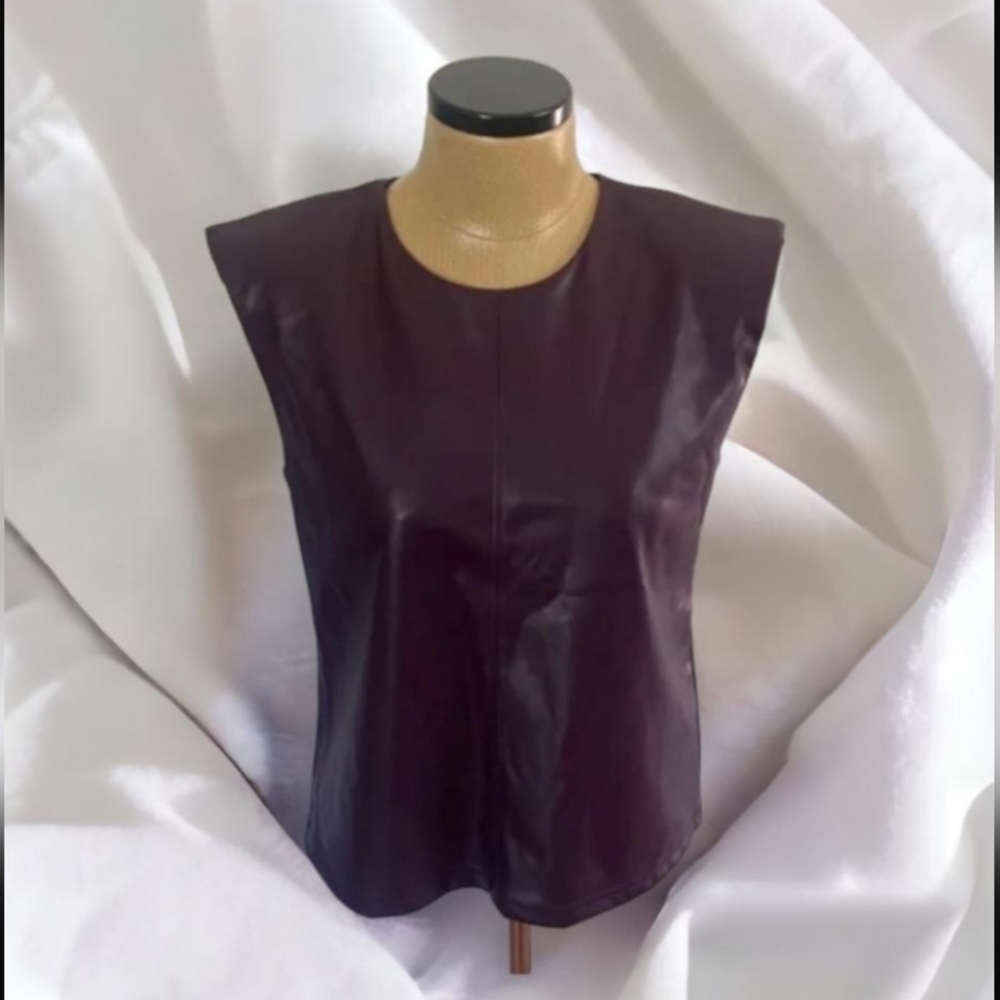 NWT! Calvin Klein Faux Leather Aubergine Padded Shoulder Top SZ L.